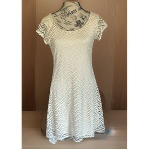 Womens White Lace Short Sleeve Midi Dress Open Knit High Low Sm Classic Spring